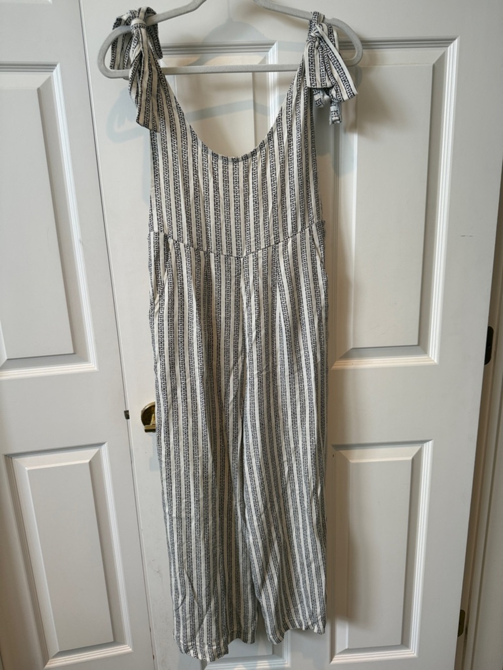 Striped Tie-Shoulder Jumpsuit in White and Black